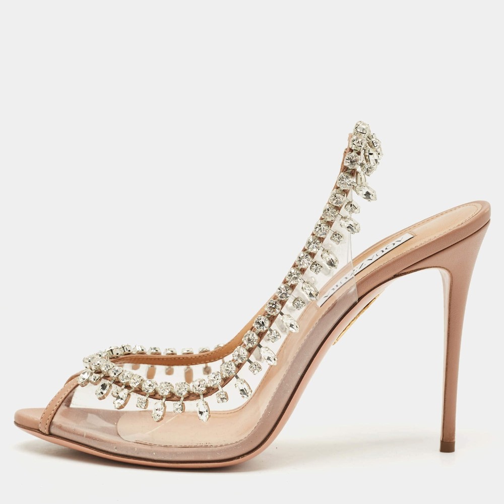 Aquazzura Beige Leather and PVC Temptation Slingback Sandals Size 41