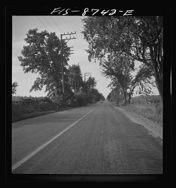 Photo:1930s Rural Road Highway Tree Lined Utility Poles Automotive View