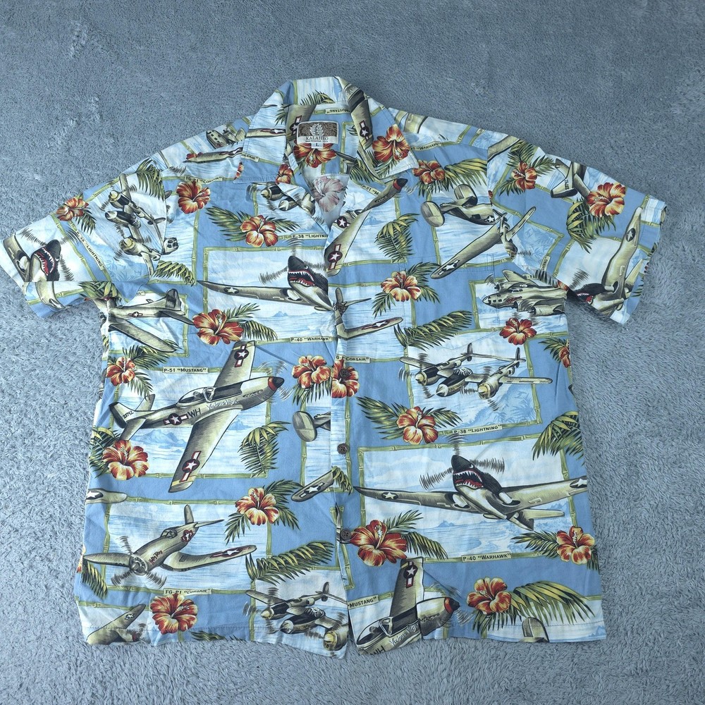 Vintage Kalaheo Shirt Mens Large Blue Hawaiian Airplanes Button Up USA