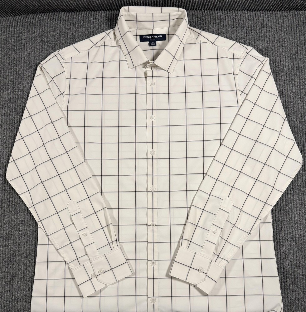 Mizzen Main Shirt Mens XL Leeward Trim Fit Check Stretch Long Sleeve White Blue