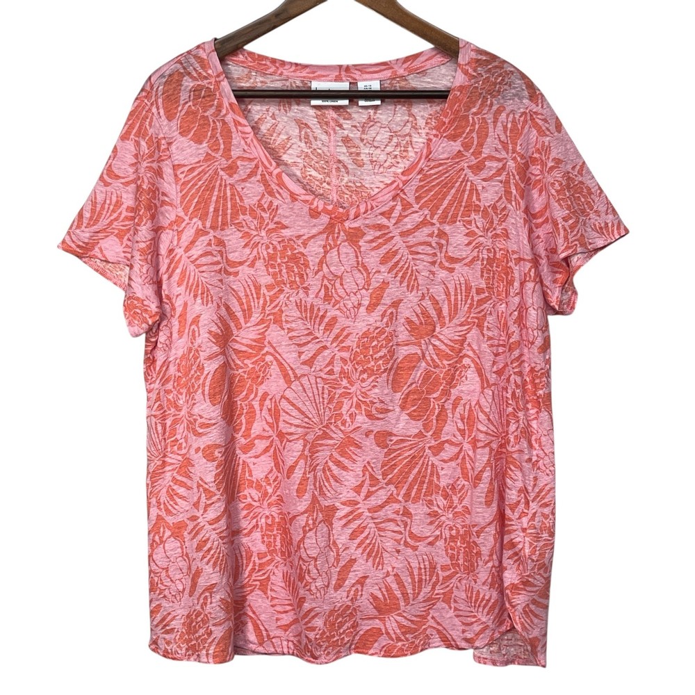 Nicole Miller New York 1X Pink Coral Floral Linen V Neck Short Sleeve Top