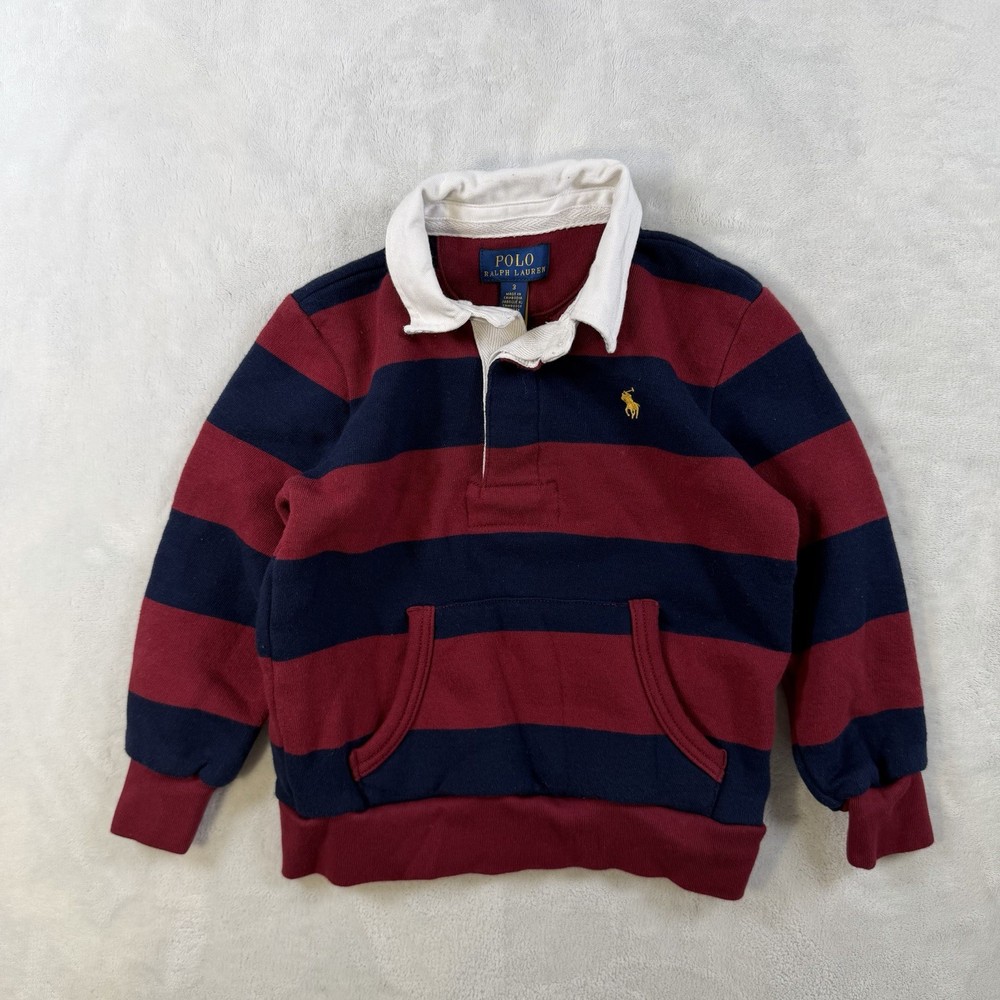 Polo Ralph Lauren Boys Size 3 Long Sleeve Striped Rugby Shirt Red Navy