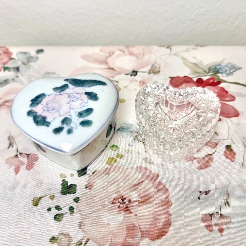 Vintage Heart Trinket Box Set Porcelain Floral & Crystal Glass Jewelry Dish