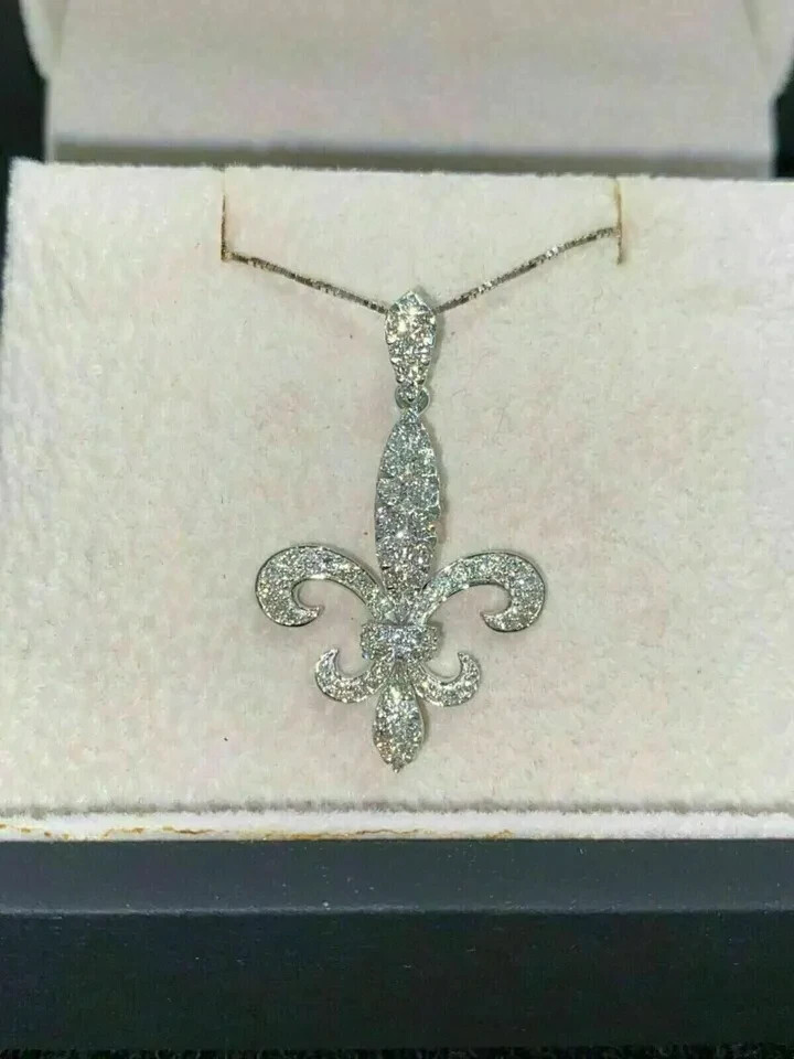 3Ct Lab Created Diamond 14K White Gold Plated Fleur De Lis Pendant 18