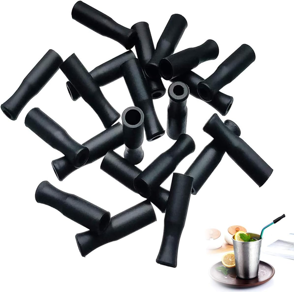 21Pcs Reusable Silicone Straw Tips, Stainless Straw Tips, Black Food Grade Straw