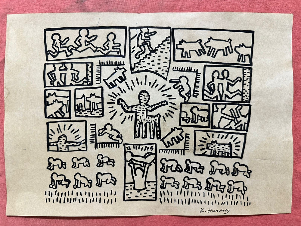 KEITH HARING - painting drawing 9.05 x 12.99 in  on old paper signed stamped