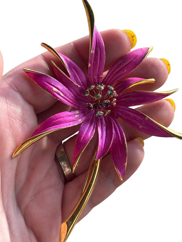 Vintage Multicolored Glass Rhinestone Magenta Enamel Floral Brooch 4”