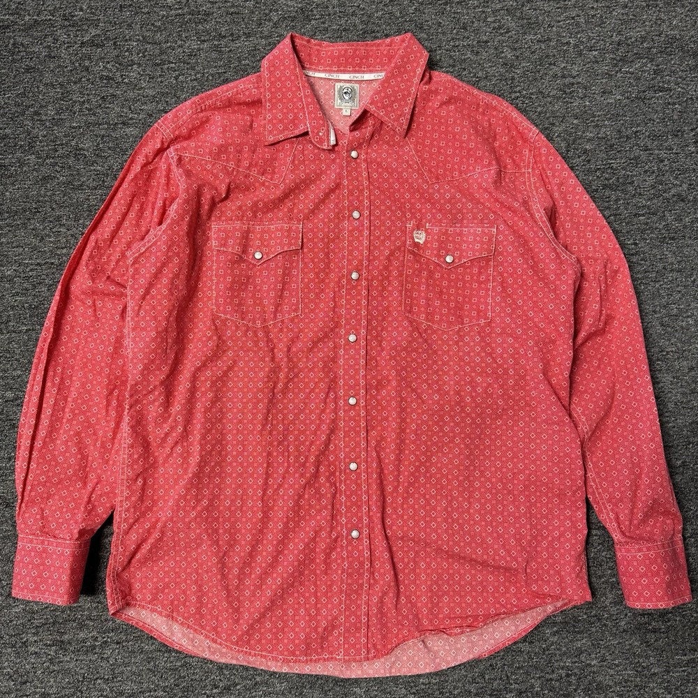 Mens Cinch Western Geometric Red Long Sleeve Pearl Snap Button Up Shirt - Size L