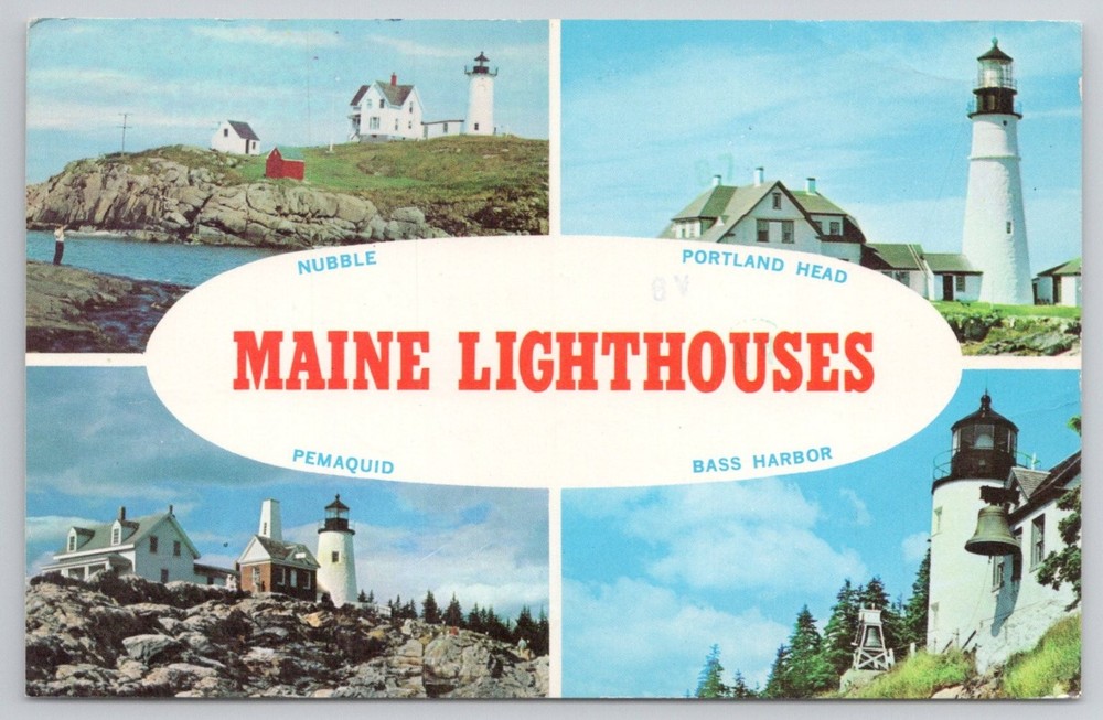 Vintage Maine Lighthouses Postcard Nubble Portland Head Pemaquid Bass Harbor