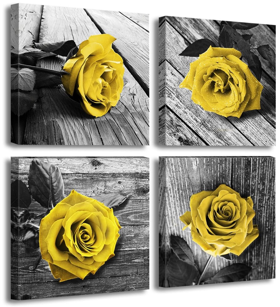 Framed Floral Wall Art Set of 4 - Yellow and Grey Rose Canvas Prints, Aesthet...