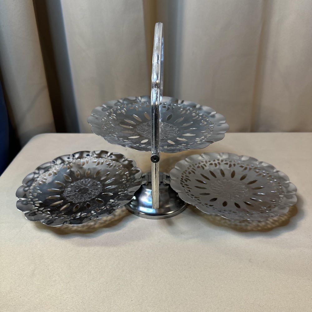 Vintage 3 Tier Clam Hinged Folding Buffet Server Pierced Chrome Tray