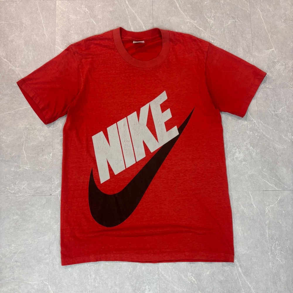 Vintage Nike Grey Tag T-Shirt Red Large Oversized Swoosh Logo Made in USA 90s