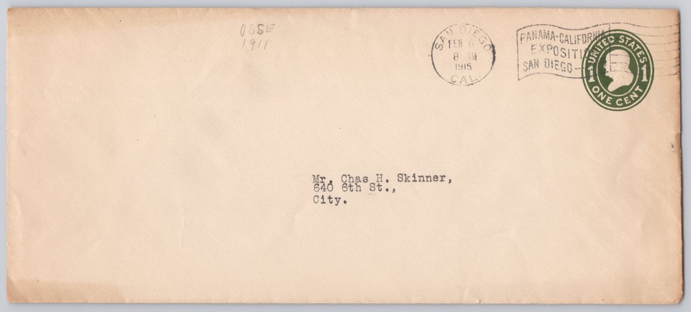 San Diego, CA — Panama-California Exposition cancel on 1¢ indicia cover — 1915
