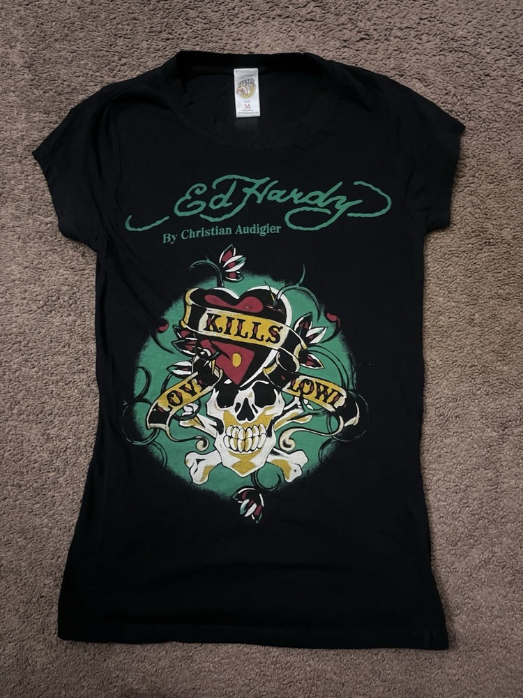 Ed Hardy Women’s Black Graphic Tattoo Tee Skull Heart Crew Neck Short Sleeve M
