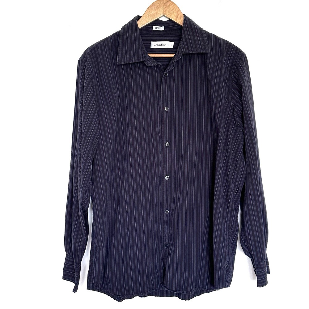Calvin Klein Shirt Men’s Large Black Blue Striped Cotton Button Down Collar Top
