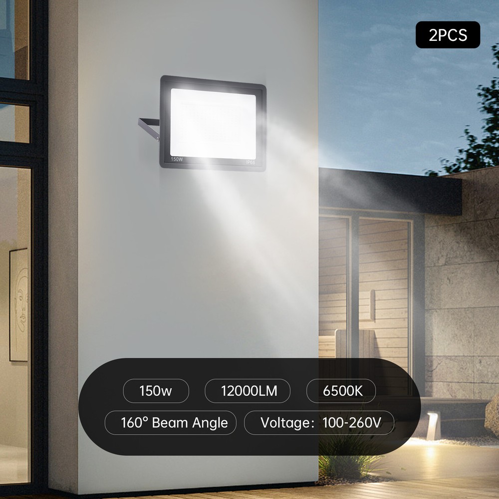2 Pack LED Flood Light Outdoor 150W Work Light 12000LM Floodlight IP66  Plug