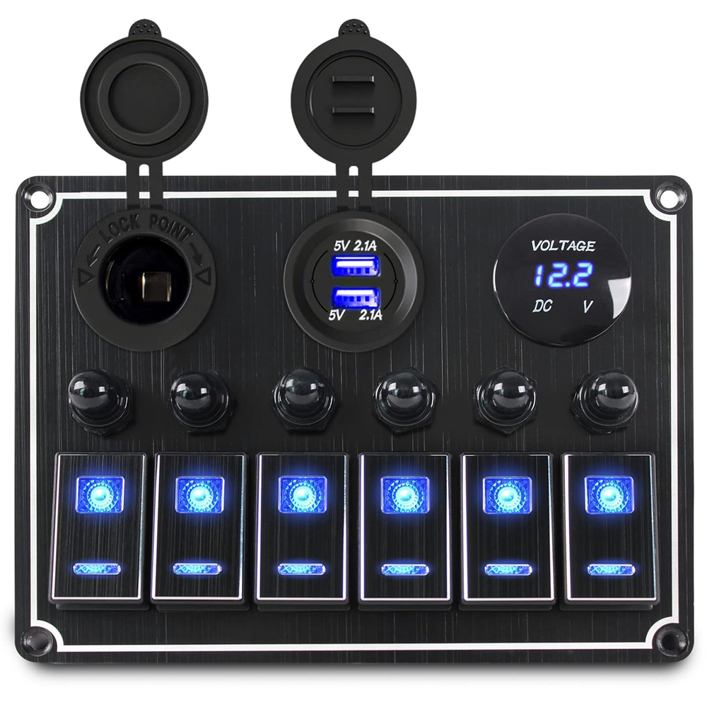 Rocker Switch Panel – 6 Gang Aluminum Toggle Switch Panel, 12V/24V Switch Panel