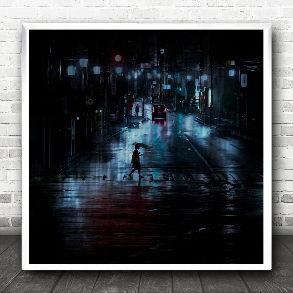 Street Rain Umbrella Rainy Raining Dark Night Square Wall Art Print
