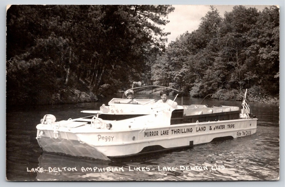RPPC~Wisconsin~Lake Delton Amphibian Lines Tour Boat Peggy~Real Photo Postcard
