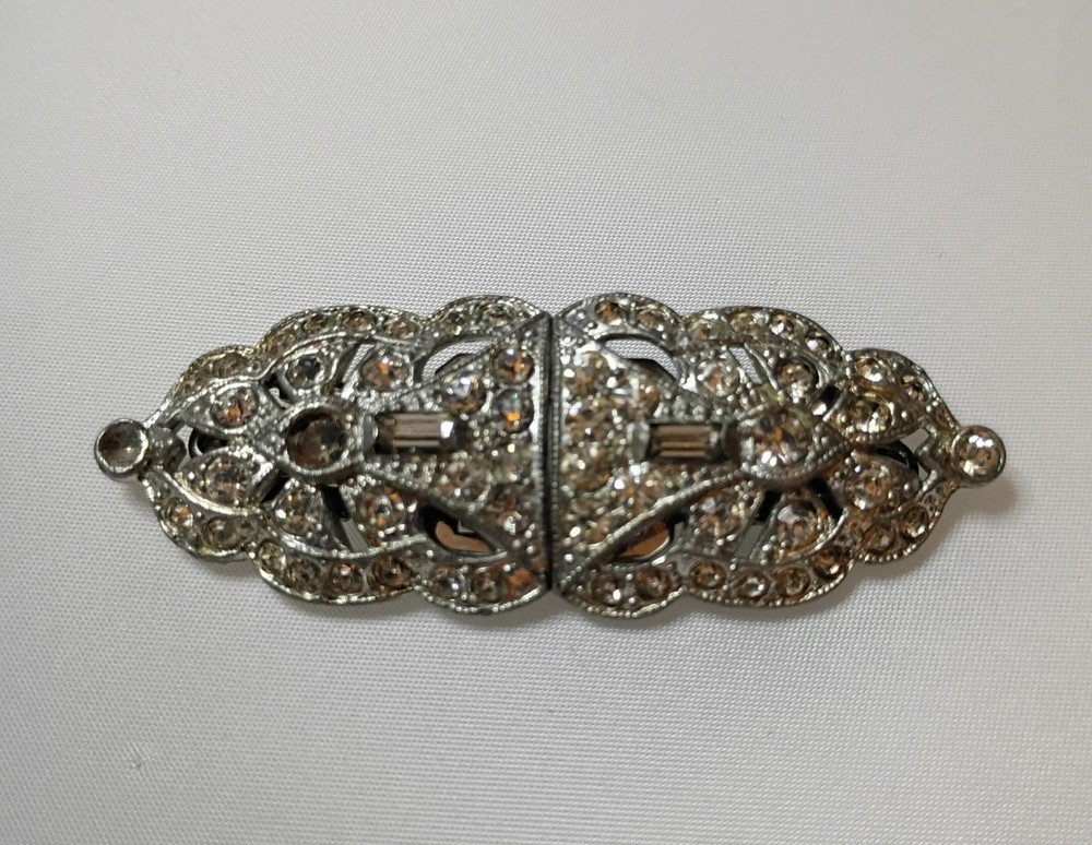 Vintage Art Deco Coro Duette Fur Dress Clips Brooch Pin Clear Rhinestones