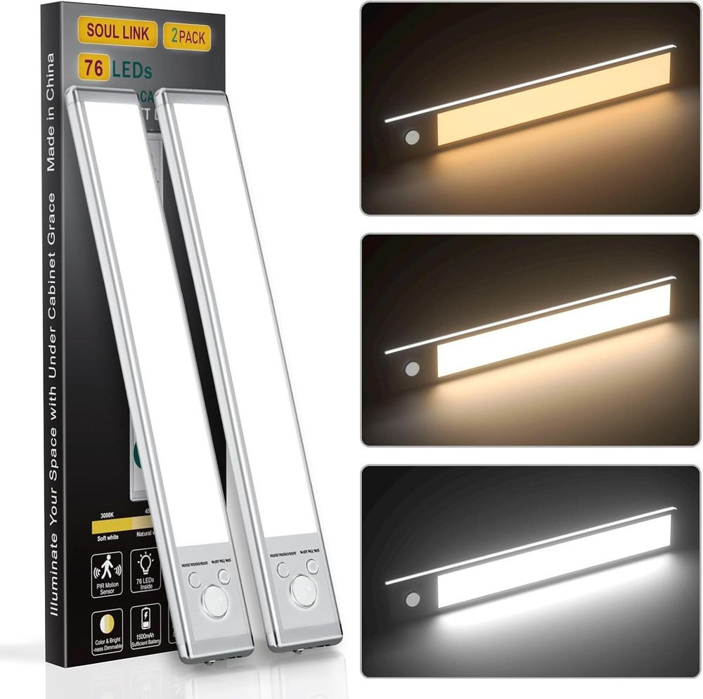 2 Pack 65 LED Rechargeable Battery Operated Motion Sensor Light Cabinet Light