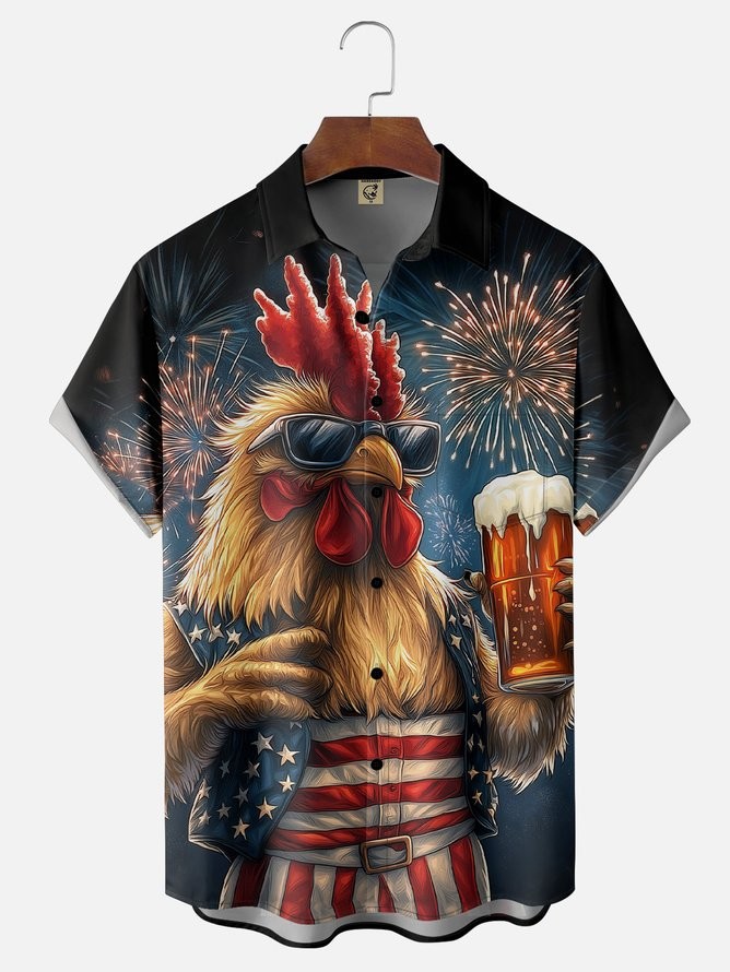 American Flag Rooster Beer Chest Pocket Casual Shirt