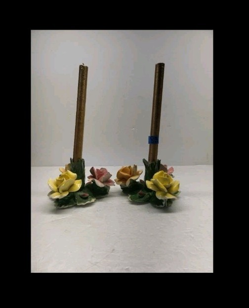 Vintage Capodimonte Porcelain Floral Candle Holders Set of 2 Three Roses Each