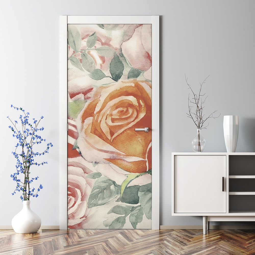 Door Decal Colourful Bunch Of Roses In The Garden Watercolour Floral decor