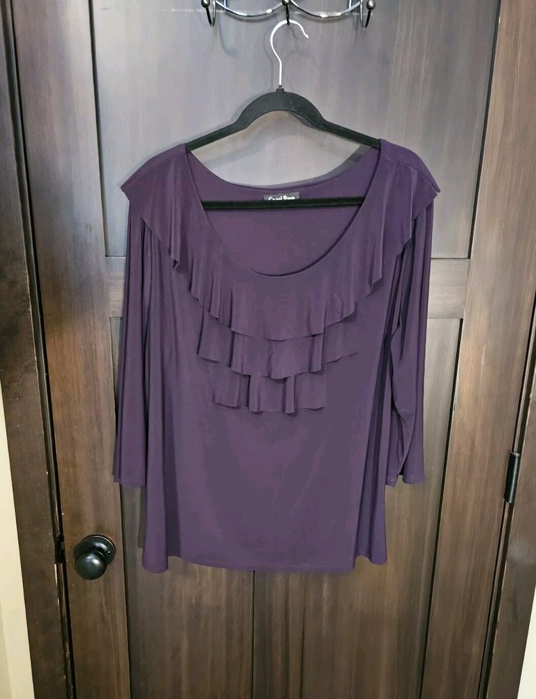 EUC Women's Plus Carol Rose Dark Purple Stretch Knit Ruffle Blouse Top Size 2X