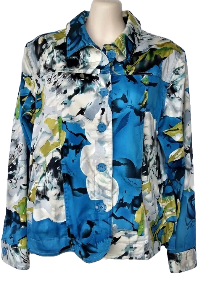 Coldwater Creek PM Size Blue Abstract Floral Lightweight Button Up Jacket NWT-image