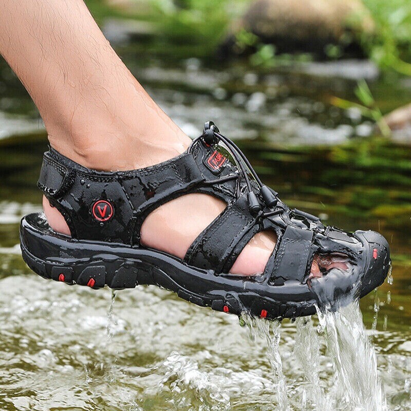Men's Leather Sandals Closed Toe Beach Nonslip Summer Outdoor Sport Hiking Shoes