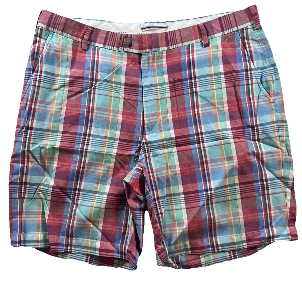 PETER MILLAR Shorts Mens 35 Seaside Madras Plaid Linen Silk Golf Preppy Beach