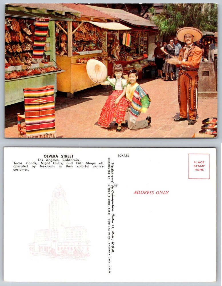 Vintage Olvera Street Los Angeles CA Plasticchrome Postcard Mexican Culture