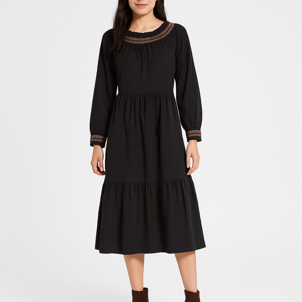 Universal Thread XS Black Embroidered Smocked Long Sleeve Midi Dress Boho Peasan