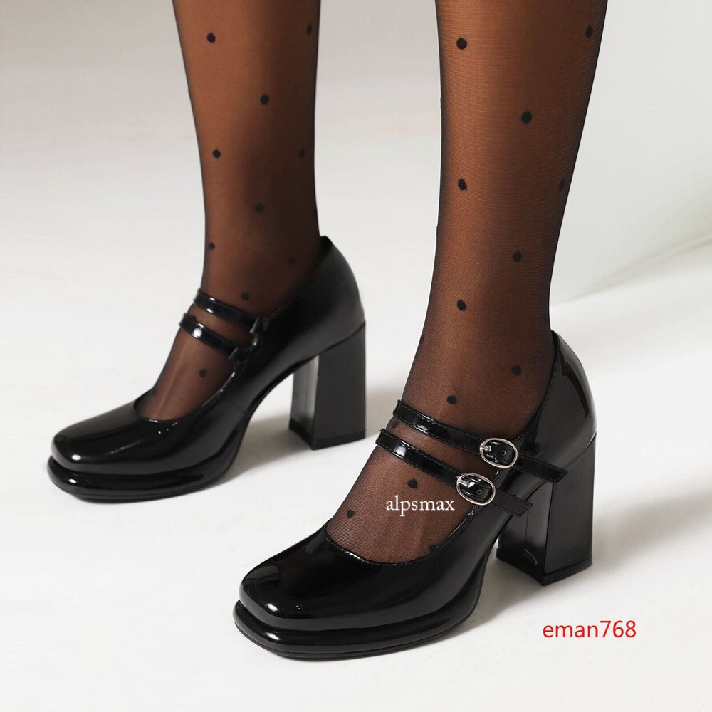 Women's Mary Jane Patent Leather Block Heel Buckle Ankle Strap Party Shoes Size