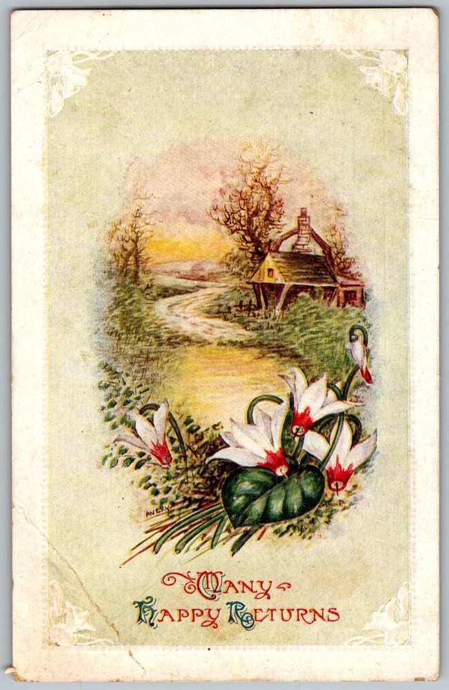 Antique Postcard Cottage Cyclamen Illustration 1910s