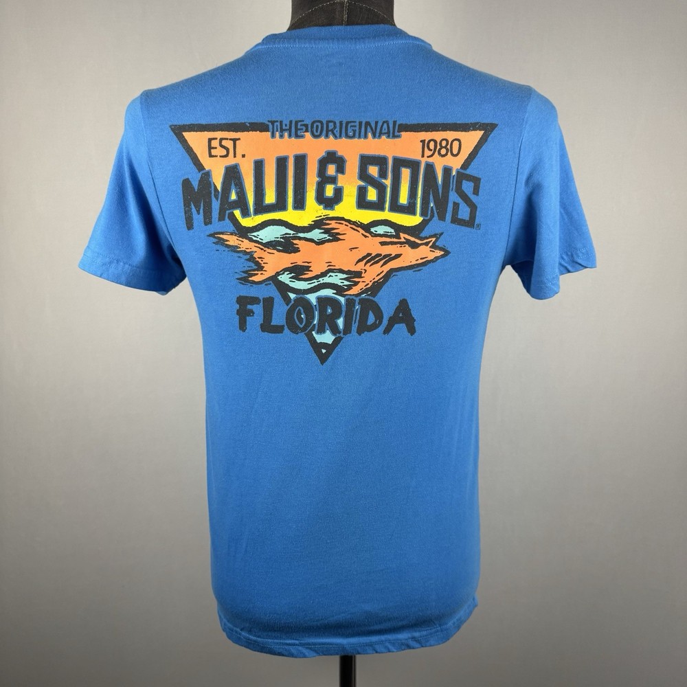 Maui & Sons Florida Graphic T-Shirt Blue Sz S Surf Skate Retro Shark Logo