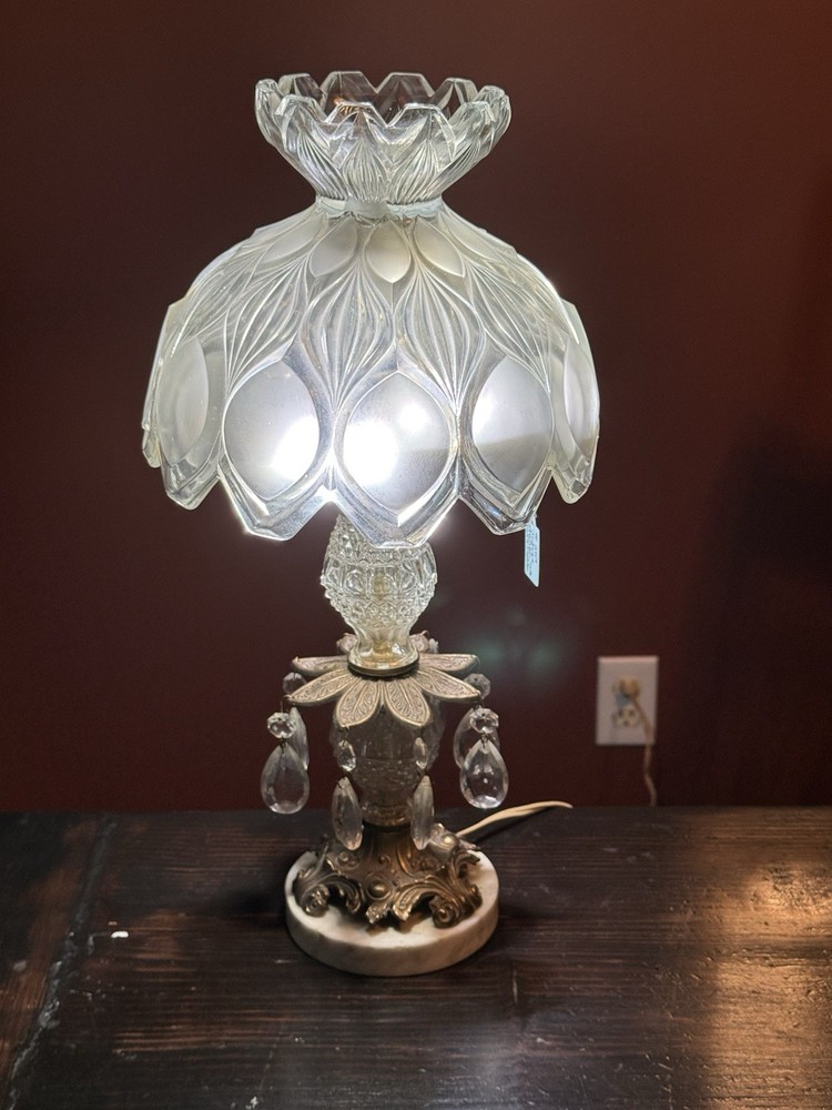 Pair Vtg Catco Italian Cut glass Table Lamp w/ marble base made in Italy