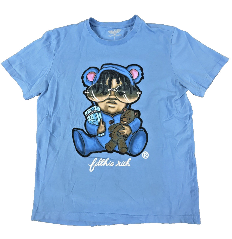 Filthie Rich Detroit Graphic T-Shirt Men's L Light Blue Bear Money Hip Hop