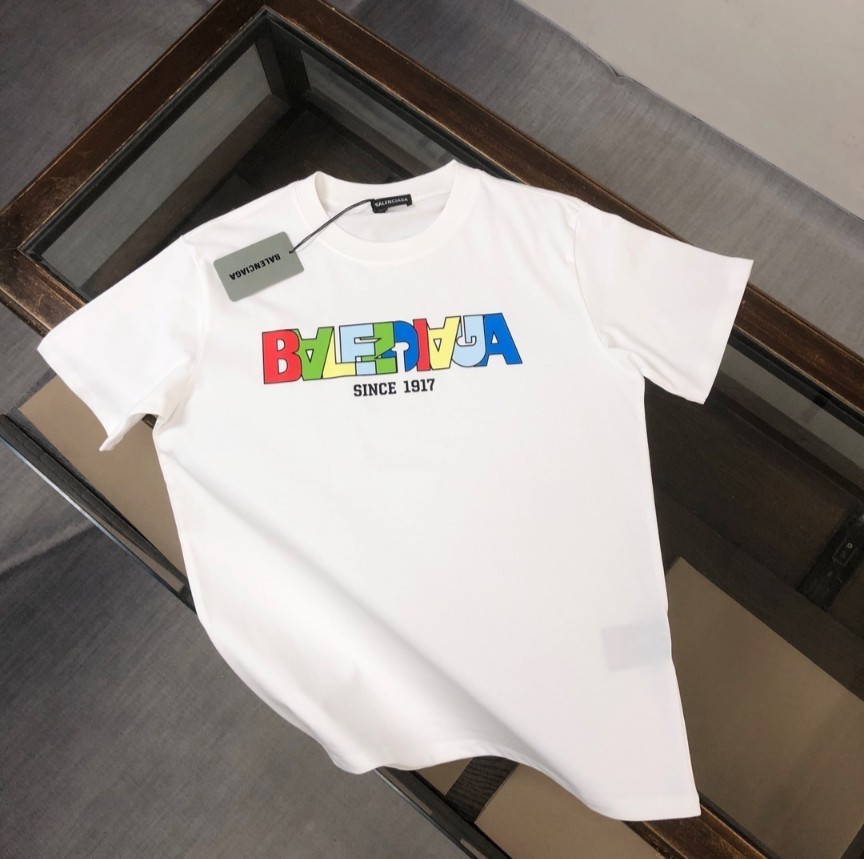 Balenciaga White Cotton Graphic Logo T-Shirt Men's Short Sleeve Crew Neck