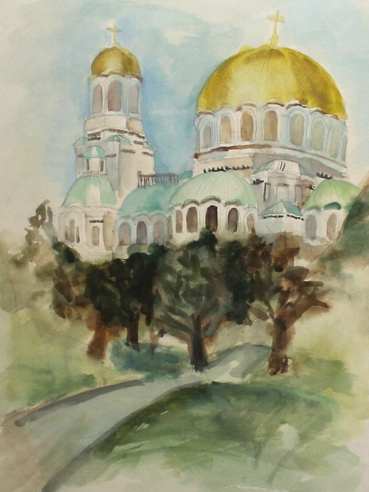 Expressionist watercolor painting landscape of church