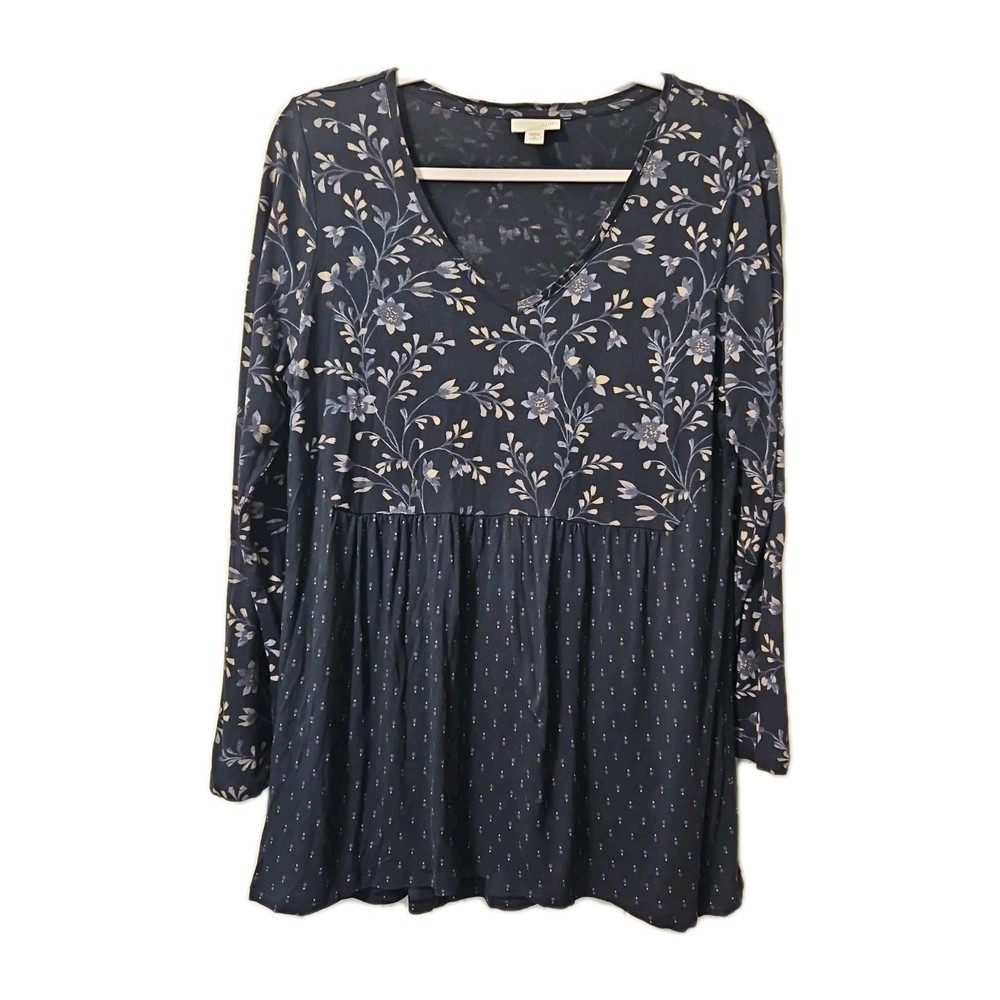 J. Jill Top Women's Medium Petite Navy Floral Smocked Peasant Cottage Core