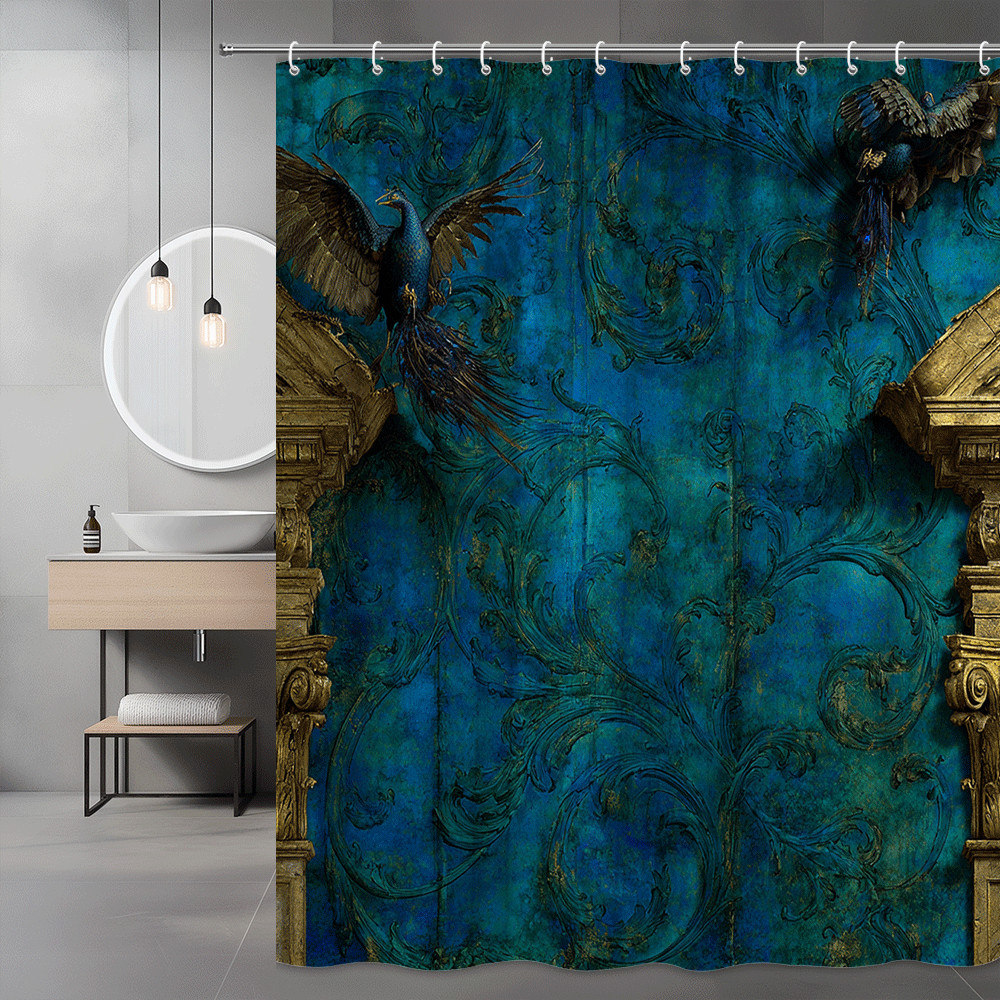 Peacock Shower Curtain Blue Green Ornamental Graphic Print