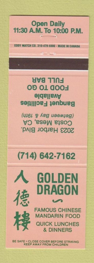 Matchbook Cover - Golden Dragon Chinese Restaurant Costa Mesa CA