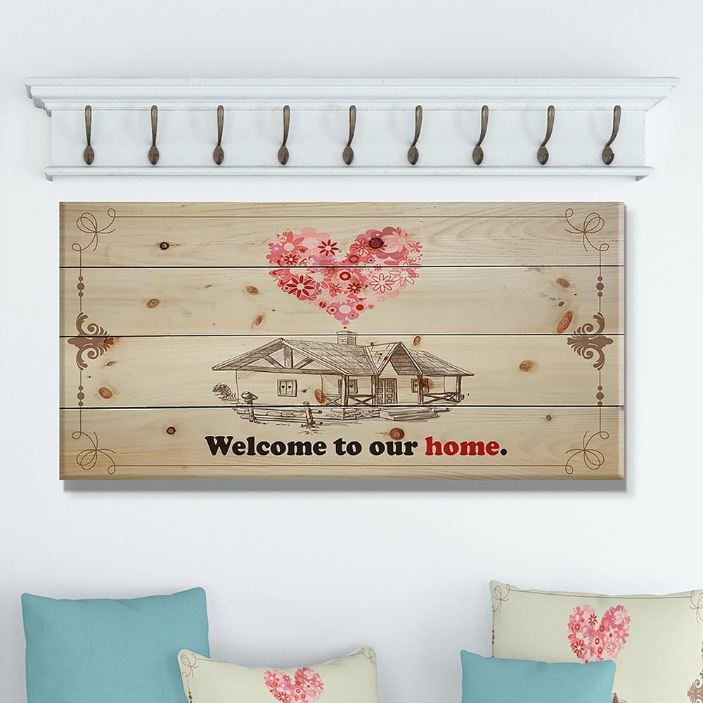 Designart 'Welcome to our home. Vintage drawing' Textual Pink 40 in. wide x 20 i