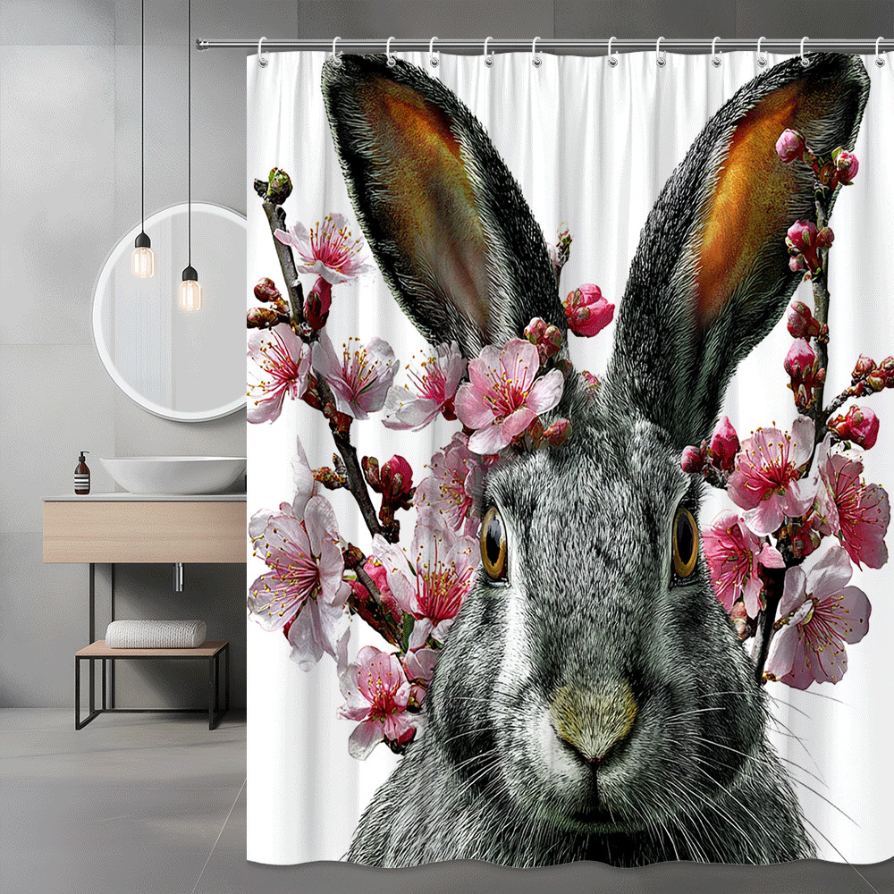 Rabbit Floral Shower Curtain Bunny Blossom Print