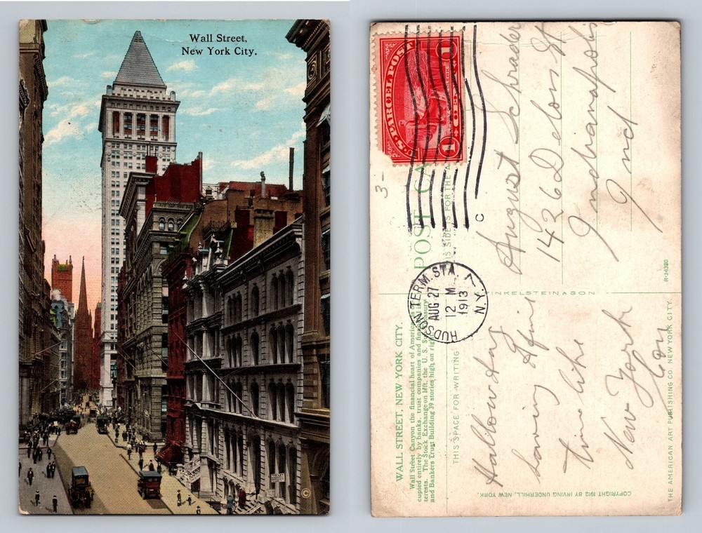 New York City NY, Wall Street Buildings Skyline Vintage c1913 Postcard