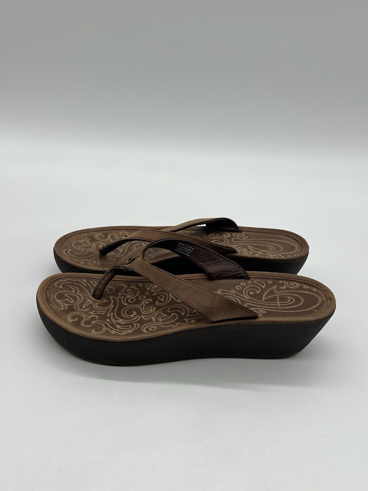 Olukai Paniolo Brown Leather Womens Size 9 Thong Wedge Sandals
