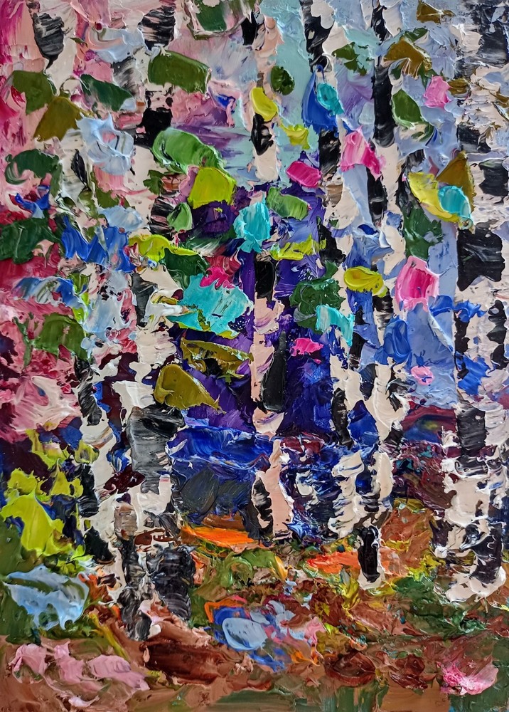 Abstract Birch Painting 7x5 inch (18x13 cm) Original Oil Painting on Cardboard Forest-image