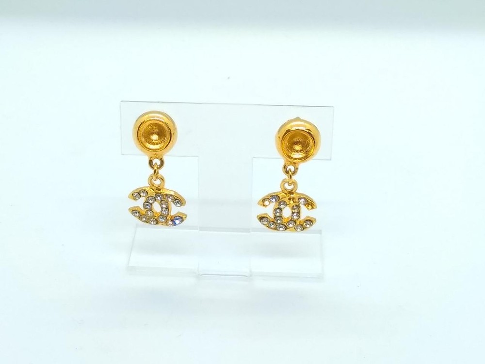 Vintage CHANEL CoCo Mark Gold Stone Earrings Authentic Pre-Owned
